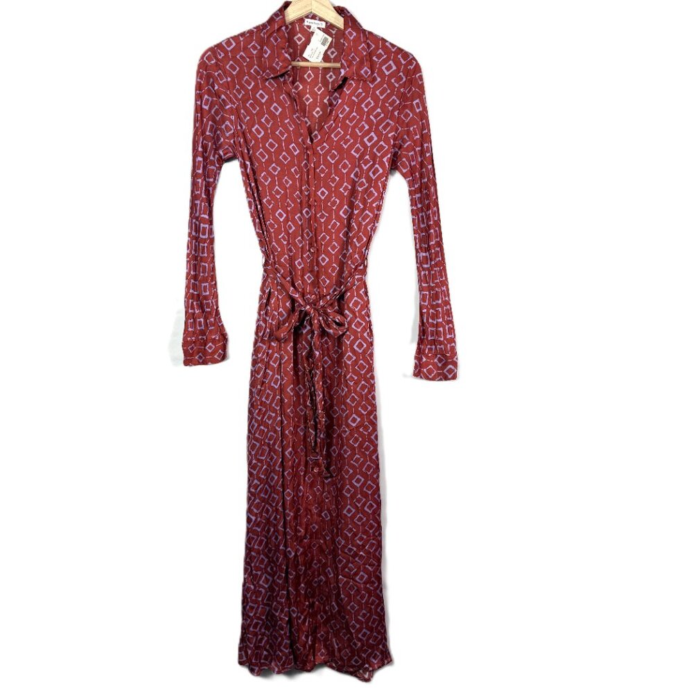 Poupette St Barth Irma Long Dress Tunic Long Sleeve Belted Maxi Orange Rombu S